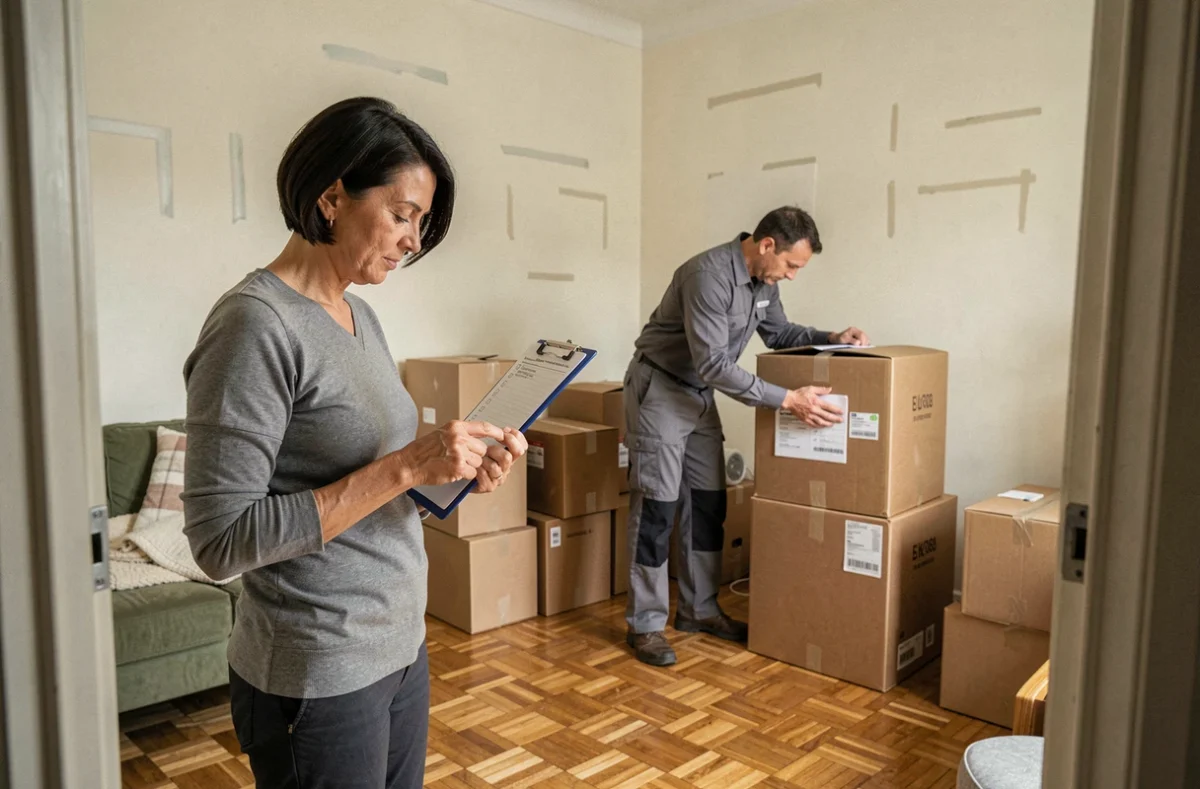 Une femme supervisant l'emballage de cartons dans un appartement lors d'un déménagement à Saint-Étienne