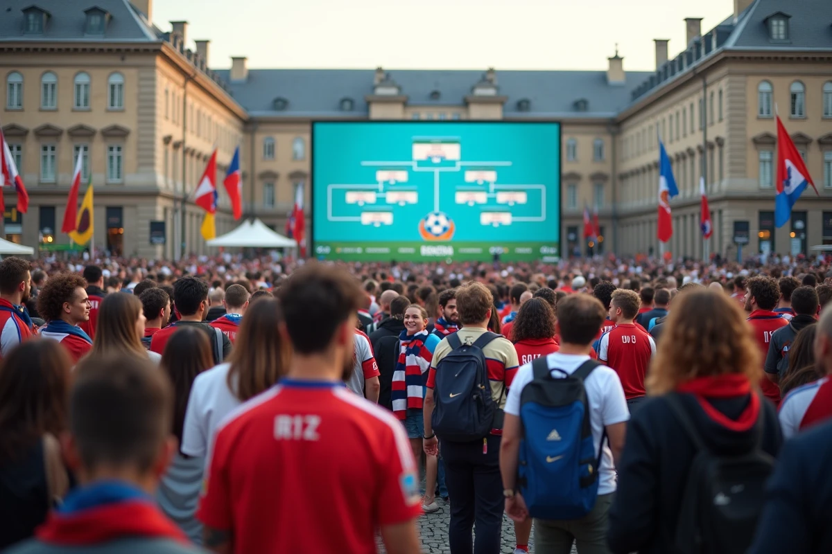 Supporters de football de différentes nationalités réunis dans une place publique européenne pour suivre le tableau de l'Euro 2026
