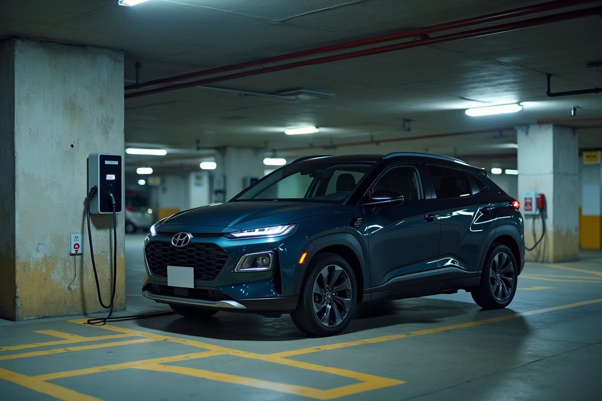 Voiture hybride SUV branchée à une borne de recharge dans un parking souterrain en béton