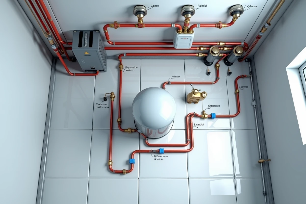 Vue aérienne d'un système de chauffage complet avec bac tampon central connecté à une pompe à chaleur et un manifold dans une chaufferie professionnelle