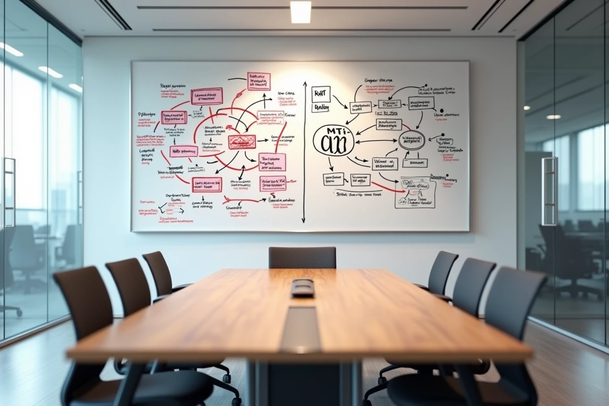 Salle de réunion avec tableau blanc montrant le contraste entre anti-UX chaotique et une bonne expérience utilisateur organisée