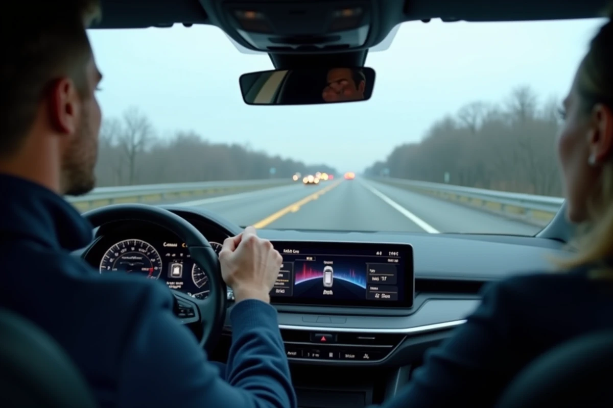 Tableau de bord d'une voiture hybride affichant 110 km/h sur autoroute avec indicateur de flux énergétique