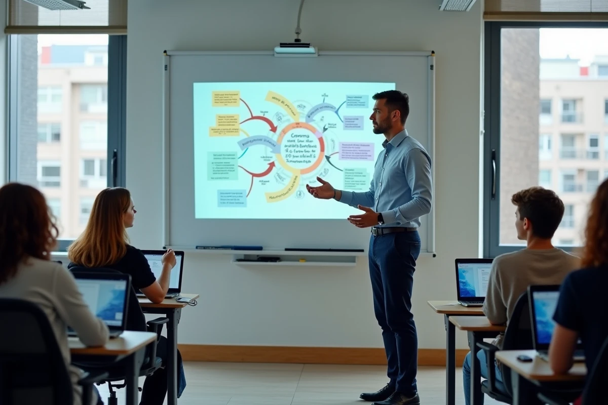 Professeur utilisant un tableau numérique interactif devant des élèves dans une salle de classe moderne