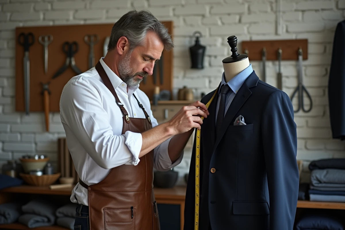 Tailleur professionnel mesurant une veste sur un mannequin de couture dans son atelier