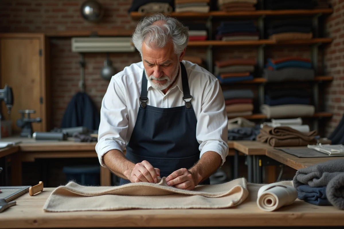 Tailleur professionnel inspectant un tissu cachemire de qualité dans un atelier de couture artisanal