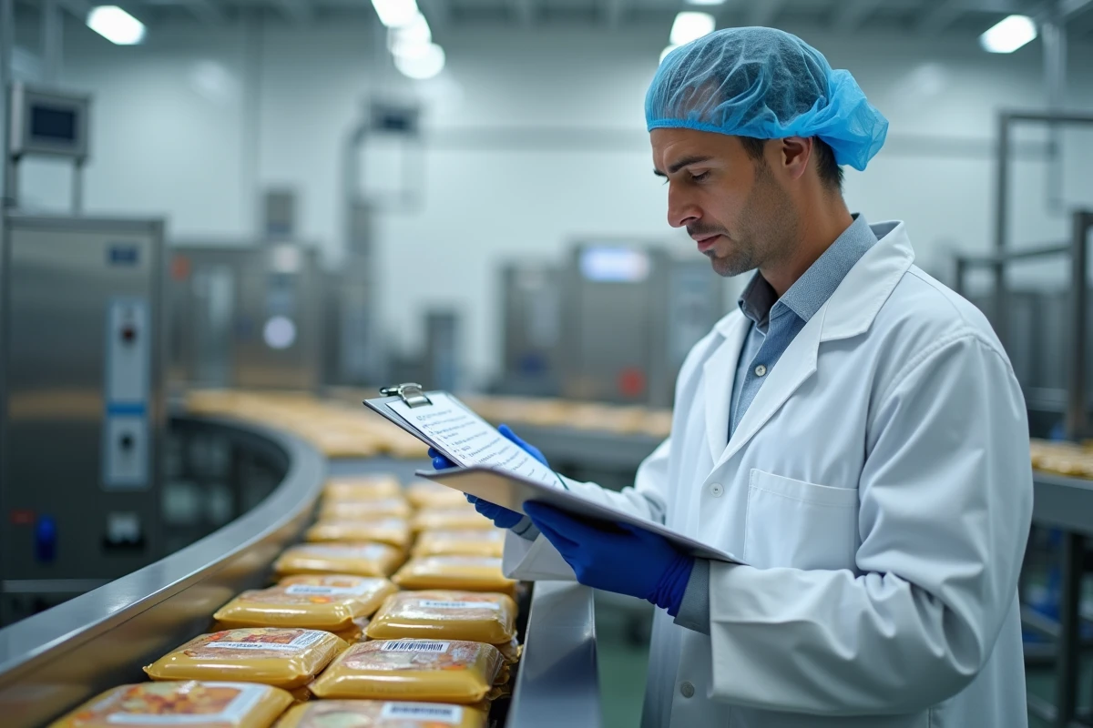 Technicien agroalimentaire contrôlant des produits sur une ligne de production conforme à la norme ISO 22000