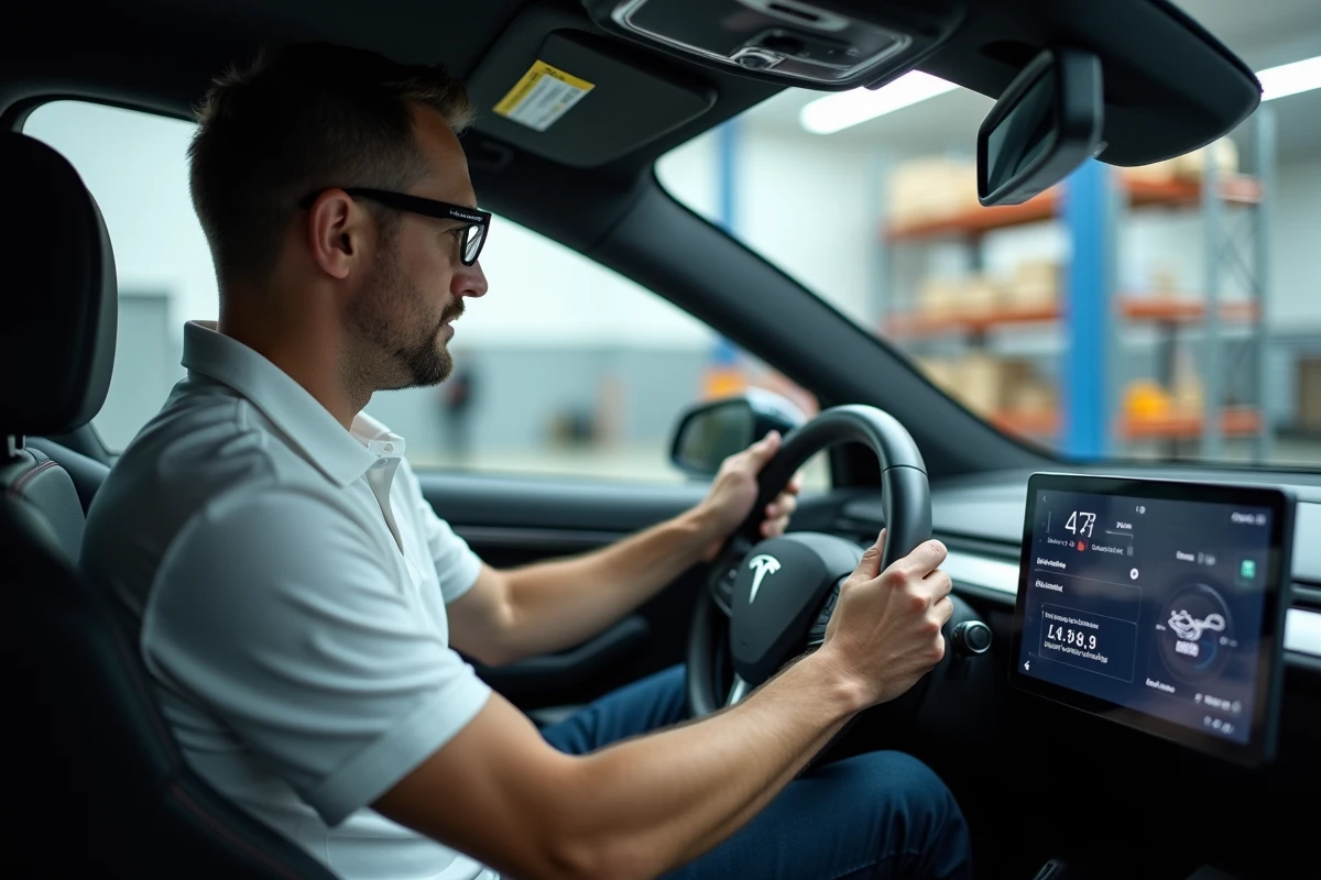 Ingénieur automobile testant un système autopilot dans un véhicule prototype en atelier