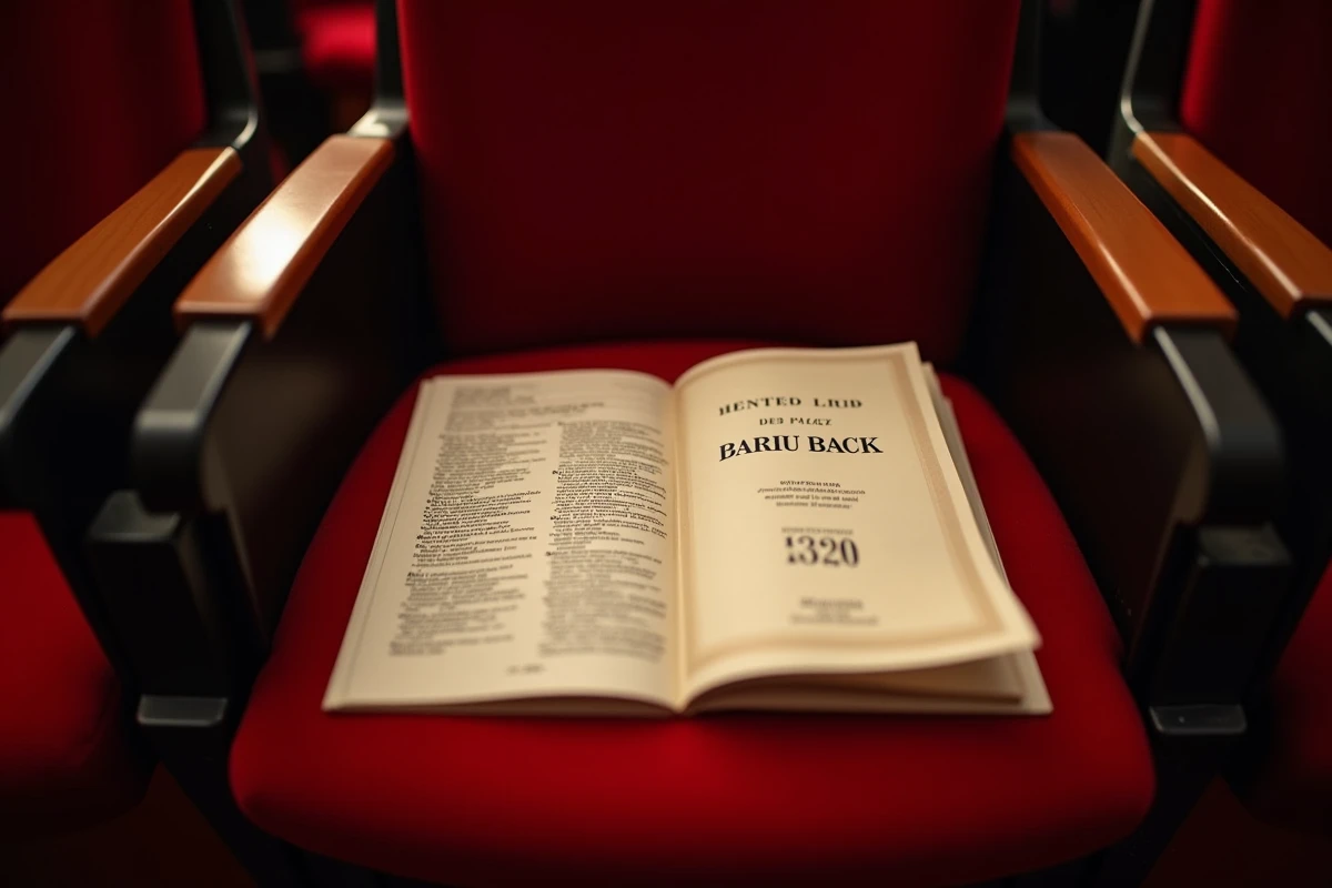 Ticket numéroté et programme posés sur un siège en velours rouge au Théâtre Mogador