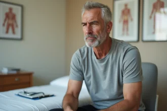 Homme adulte présentant des tics faciaux involontaires lors d'une consultation médicale