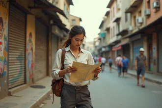 Touriste seule dans une rue urbaine dangereuse d'un pays à risque, consultant une carte papier avec une expression inquiète