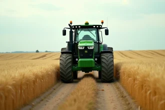 Tracteur autonome moderne équipé de GPS naviguant dans un champ de blé lors de la récolte