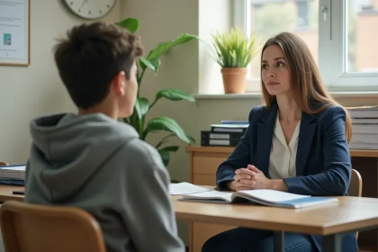 Travailleuse sociale en entretien avec un adolescent dans un bureau de protection de l'enfance