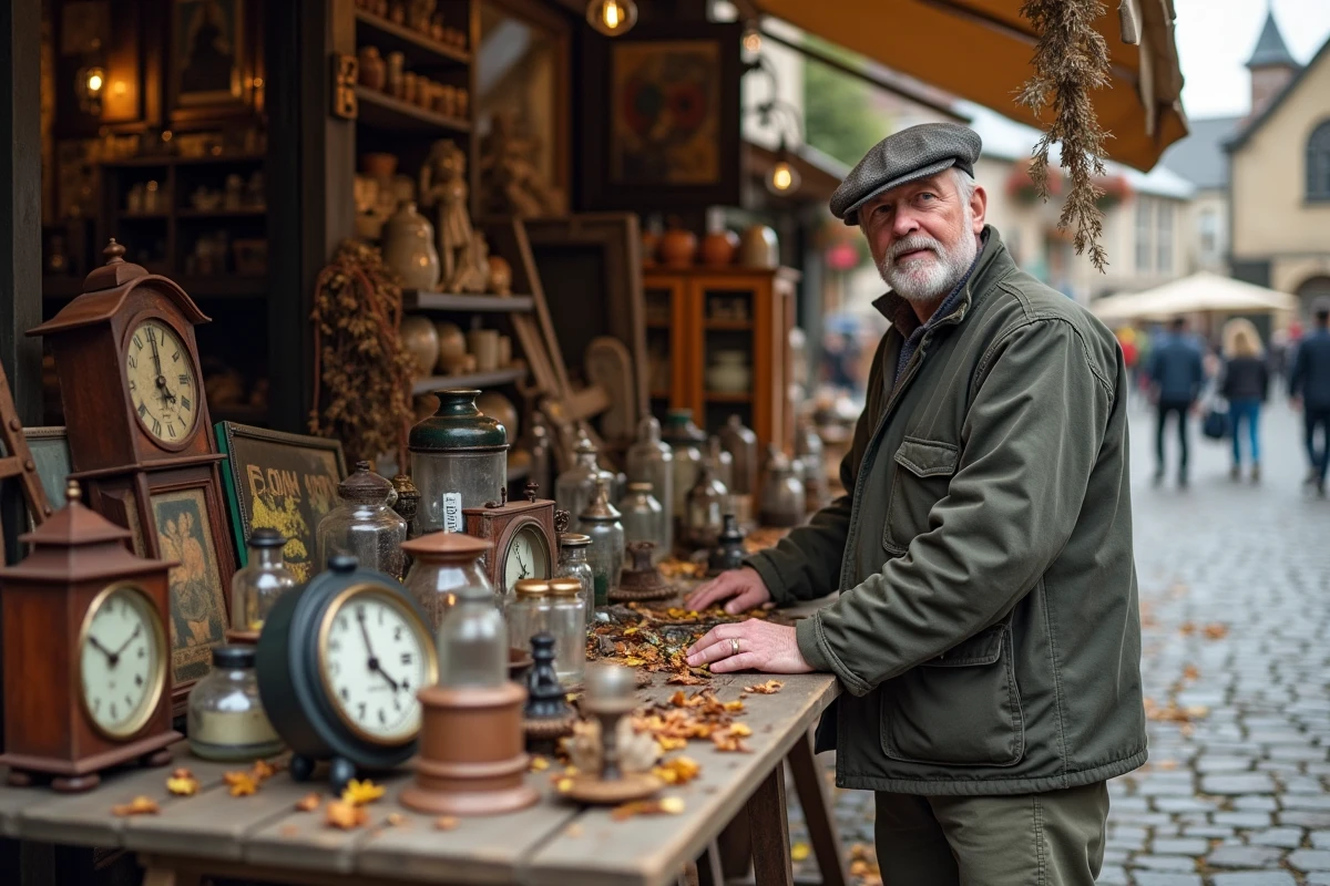 Vendeur arrangeant des objets anciens sur une table de brocante dans un village de Meurthe-et-Moselle