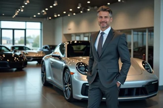Vendeur Porsche en costume élégant posant à côté d'une Porsche 911 dans une concession automobile de luxe