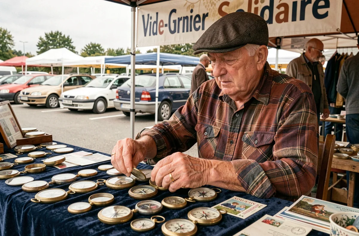 Vendeur âgé installé derrière son stand de bibelots et montres anciennes lors d'un vide-grenier solidaire dans les Yvelines