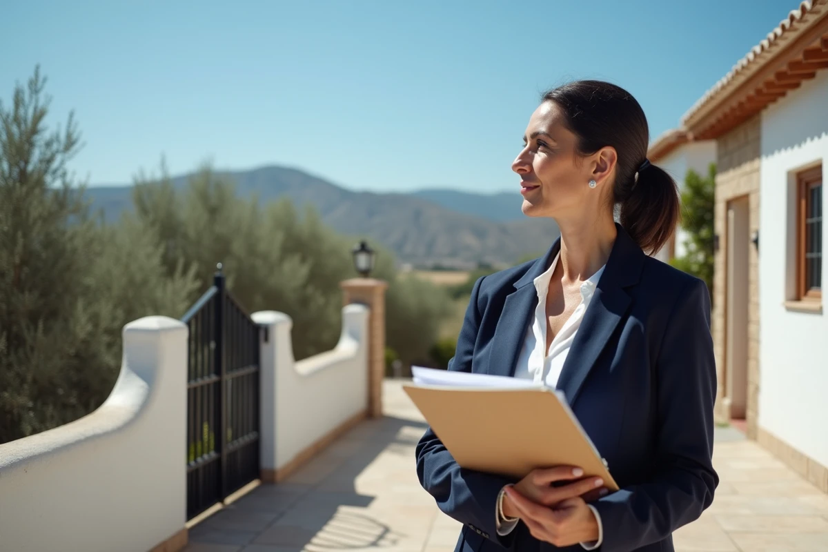 Femme devant une villa espagnole évaluant la durée de détention pour éviter la plus-value immobilière