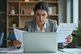Une femme professionnelle examine un document imprimé avec scepticisme devant son écran d'ordinateur, illustrant la vérification de sources générées par une IA comme ChatGPT