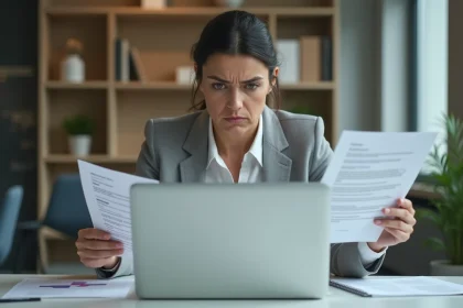 Une femme professionnelle examine un document imprimé avec scepticisme devant son écran d'ordinateur, illustrant la vérification de sources générées par une IA comme ChatGPT