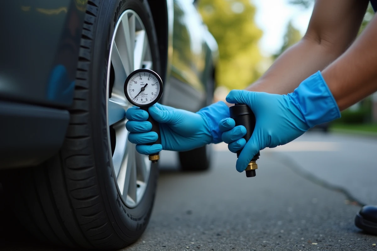 Vérification de la pression des pneus d'une voiture garée dans une rue résidentielle