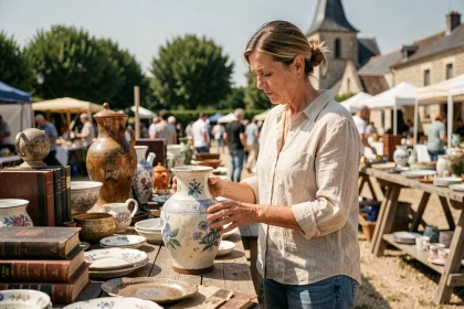 Femme chinant un vase ancien sur un vide-grenier solidaire dans les Yvelines par une journée d'été