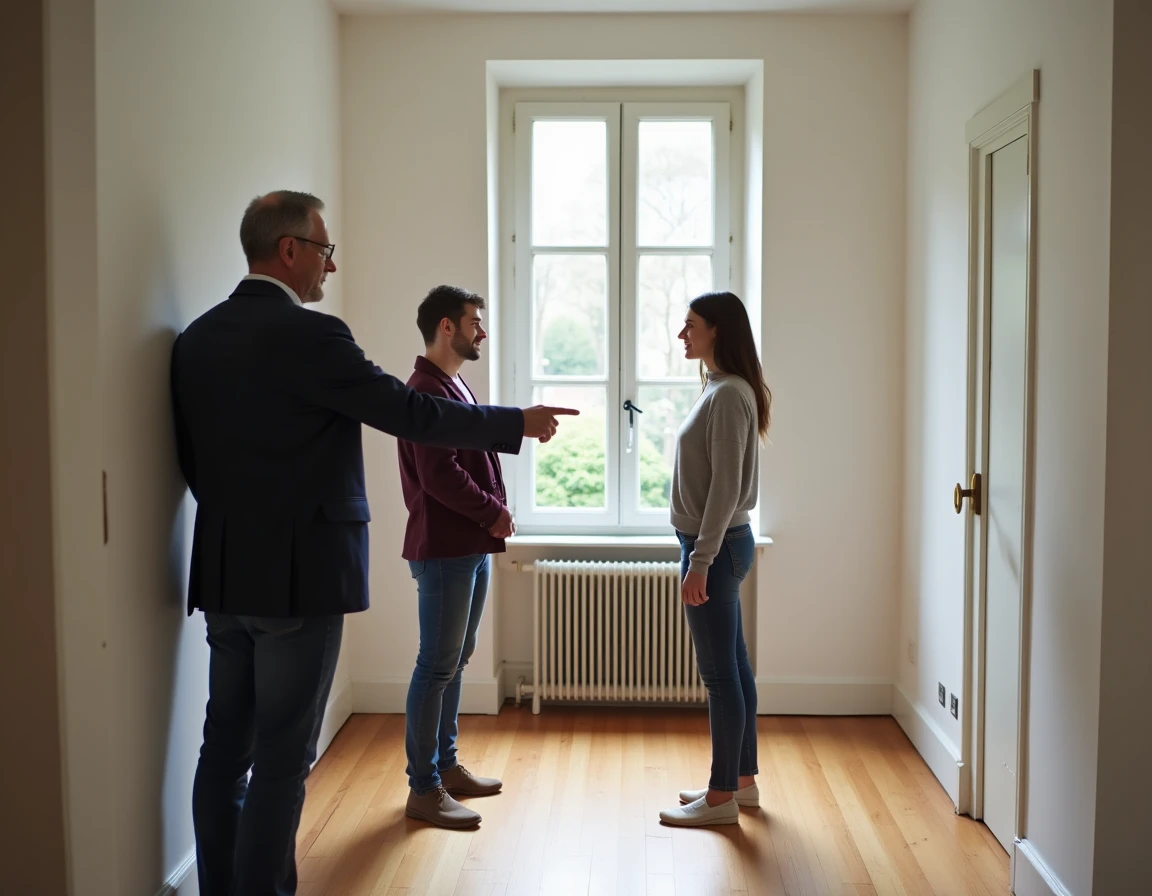 Agent immobilier présentant une chambre d'une maison T5 à un couple lors d'une visite immobilière en France