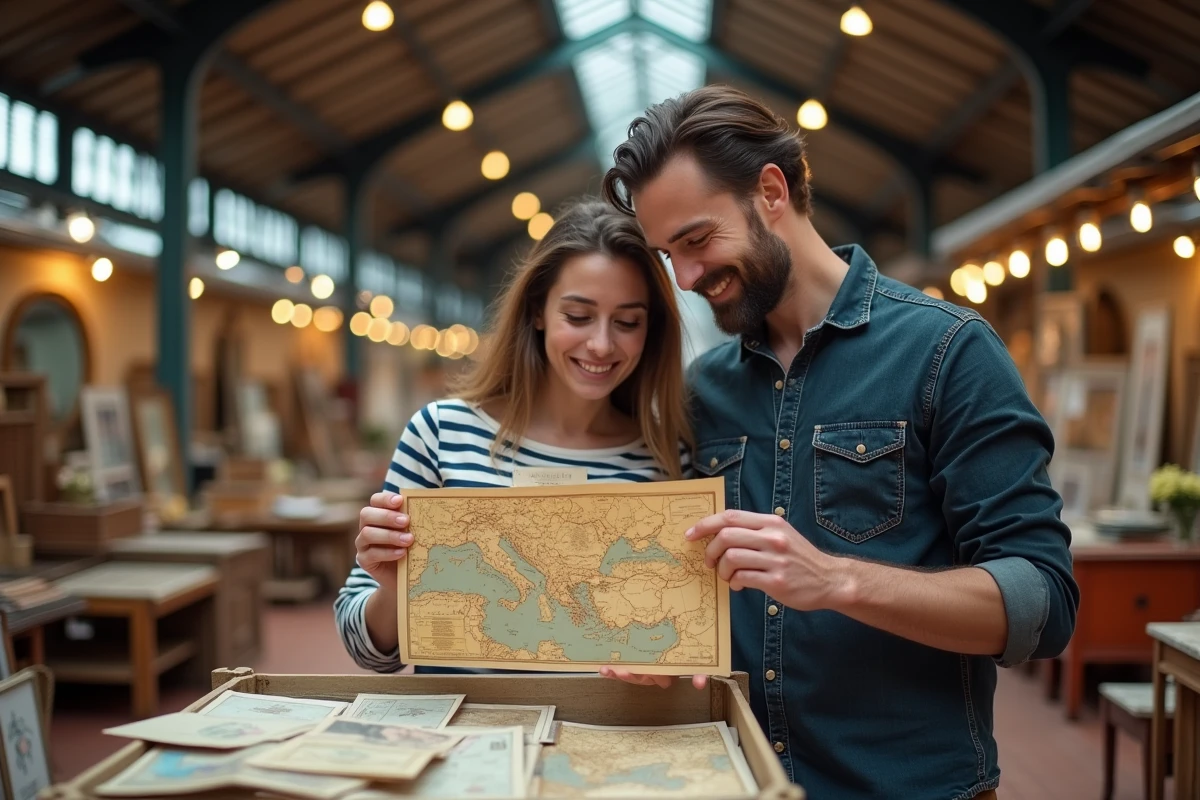 Deux visiteurs découvrant de vieilles cartes postales et cartes anciennes dans une brocante couverte à Nancy