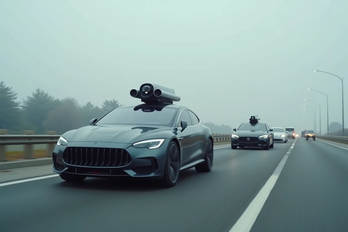 Voiture autonome avec capteurs LiDAR roulant sur autoroute en mode autopilot
