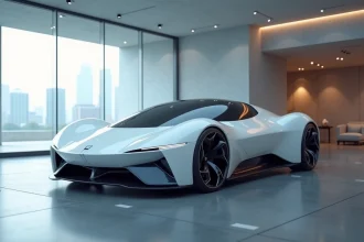 Voiture du futur au design aérodynamique exposée dans un studio de conception automobile futuriste avec des reflets bleutés sur la carrosserie