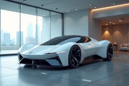 Voiture du futur au design aérodynamique exposée dans un studio de conception automobile futuriste avec des reflets bleutés sur la carrosserie