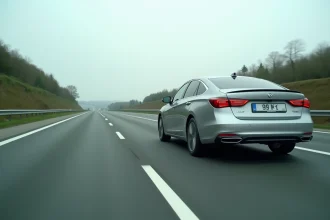 Voiture hybride argentée roulant sur autoroute à vitesse optimale, vue en angle bas depuis le bord de la route