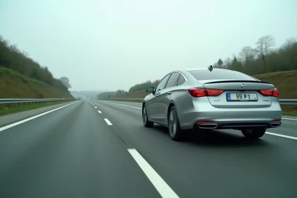 Voiture hybride argentée roulant sur autoroute à vitesse optimale, vue en angle bas depuis le bord de la route
