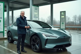 Ingénieur faisant le plein d'une voiture à hydrogène dans une station de recharge moderne