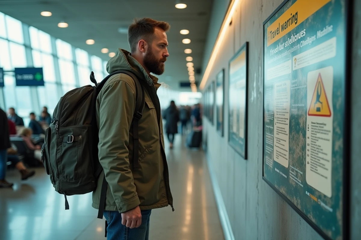 Voyageur masculin lisant des avertissements officiels aux dangers touristiques dans un terminal d'aéroport international