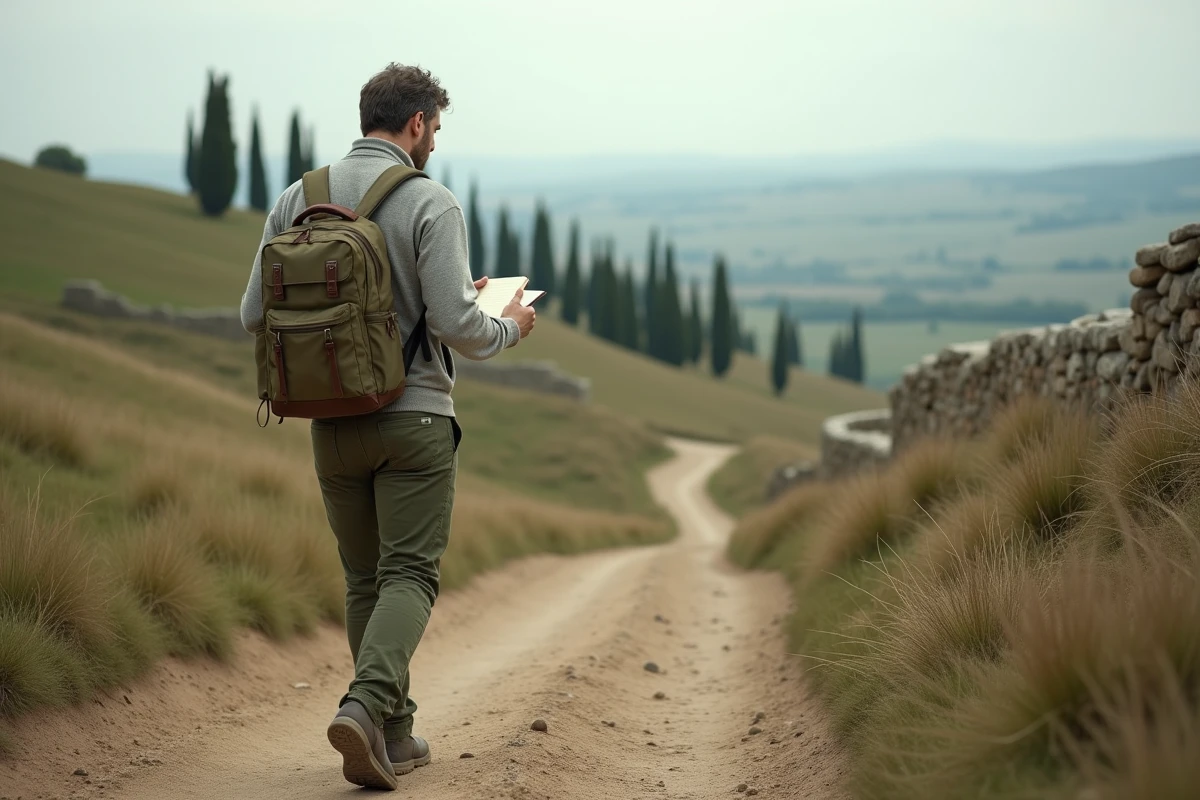 Voyageur marchant lentement sur un chemin de campagne en Italie, illustrant le concept de slow travel en immersion dans la nature