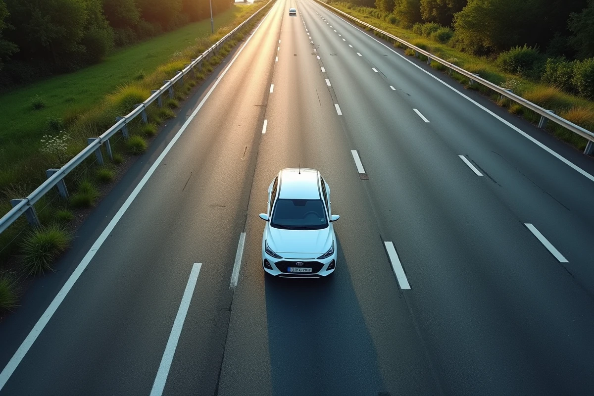 Vue aérienne d'une voiture hybride blanche circulant sur l'autoroute française, perspective drone du dessus