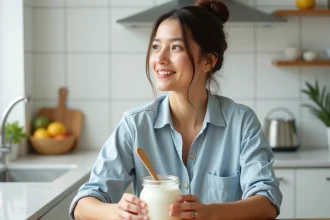Femme tenant un pot de yaourt nature à la cuillère en bois dans une cuisine lumineuse, illustrant les yaourts recommandés pour faciliter le transit intestinal