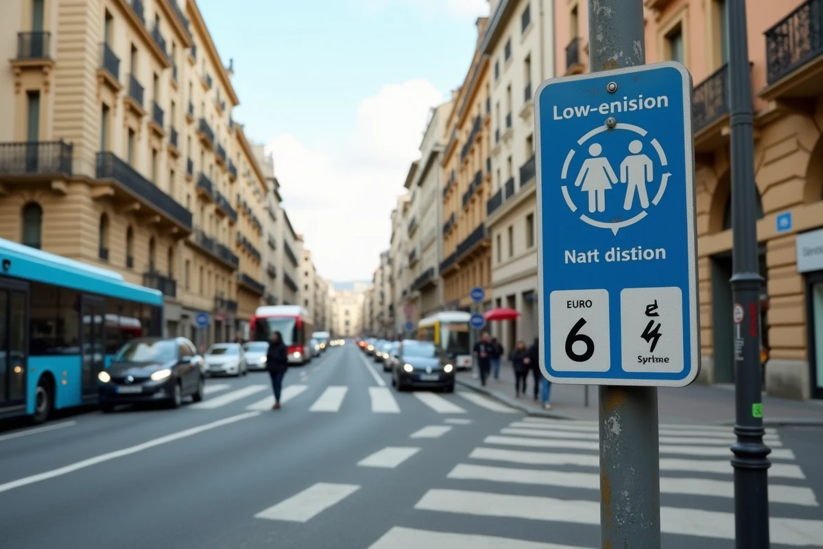 Zone à faibles émissions en ville avec panneau de signalisation Euro 6 et circulation de véhicules conformes en milieu urbain européen